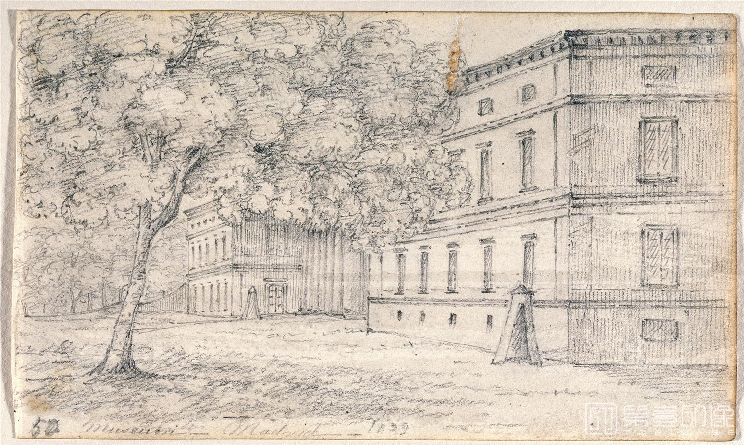 素描-西班牙普拉多美术馆素描藏画-Anonimo-Vista de la fachada principal del Museo del Prado desde el sur-0579